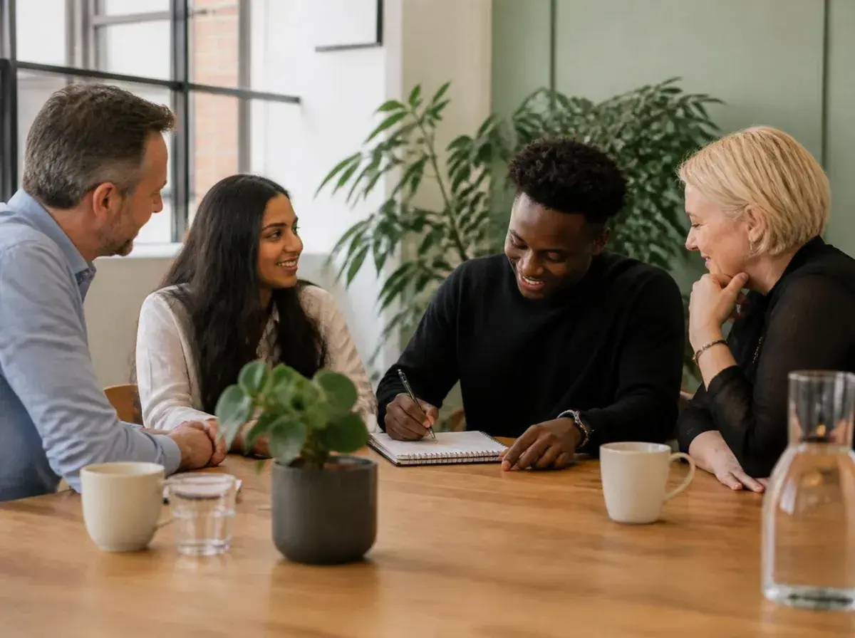 A small team of colleagues talking and taking notes around a table in a bright office
