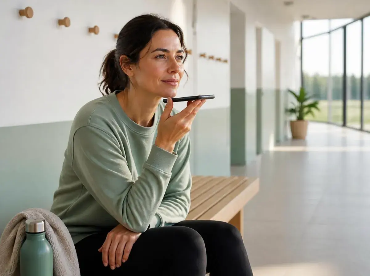 A woman recording a voice note on her phone while sitting in a quiet sports centre corridor