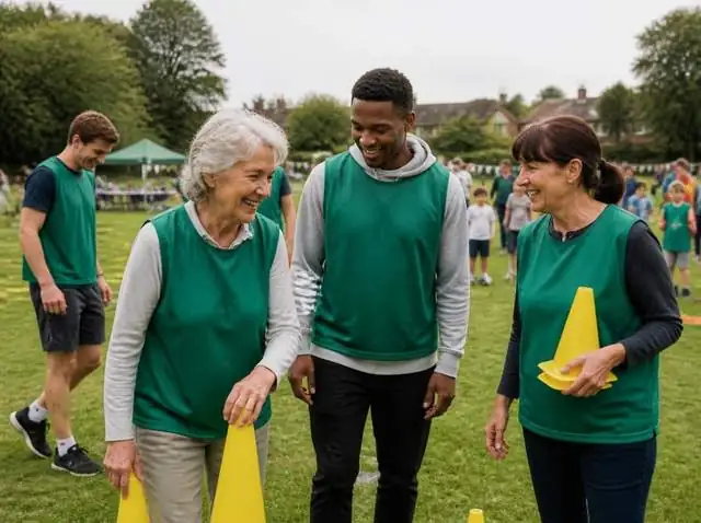 Smiling volunteers setting out cones at a community sports day