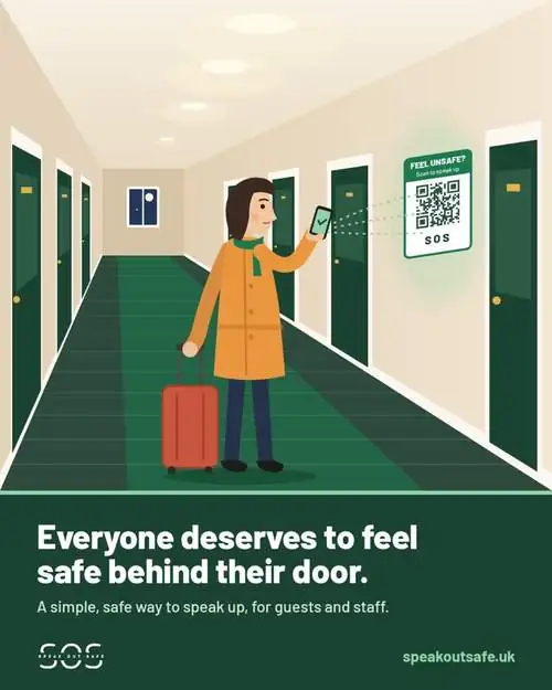A person scanning a Speak Out Safe QR code poster to raise a concern